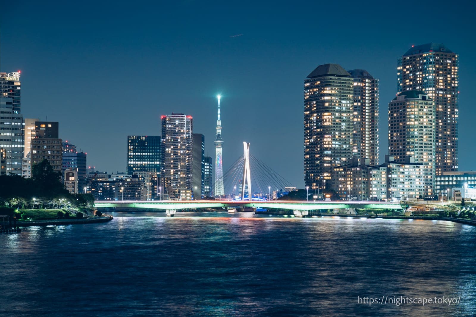 灯光照明的佃大桥和晴空塔