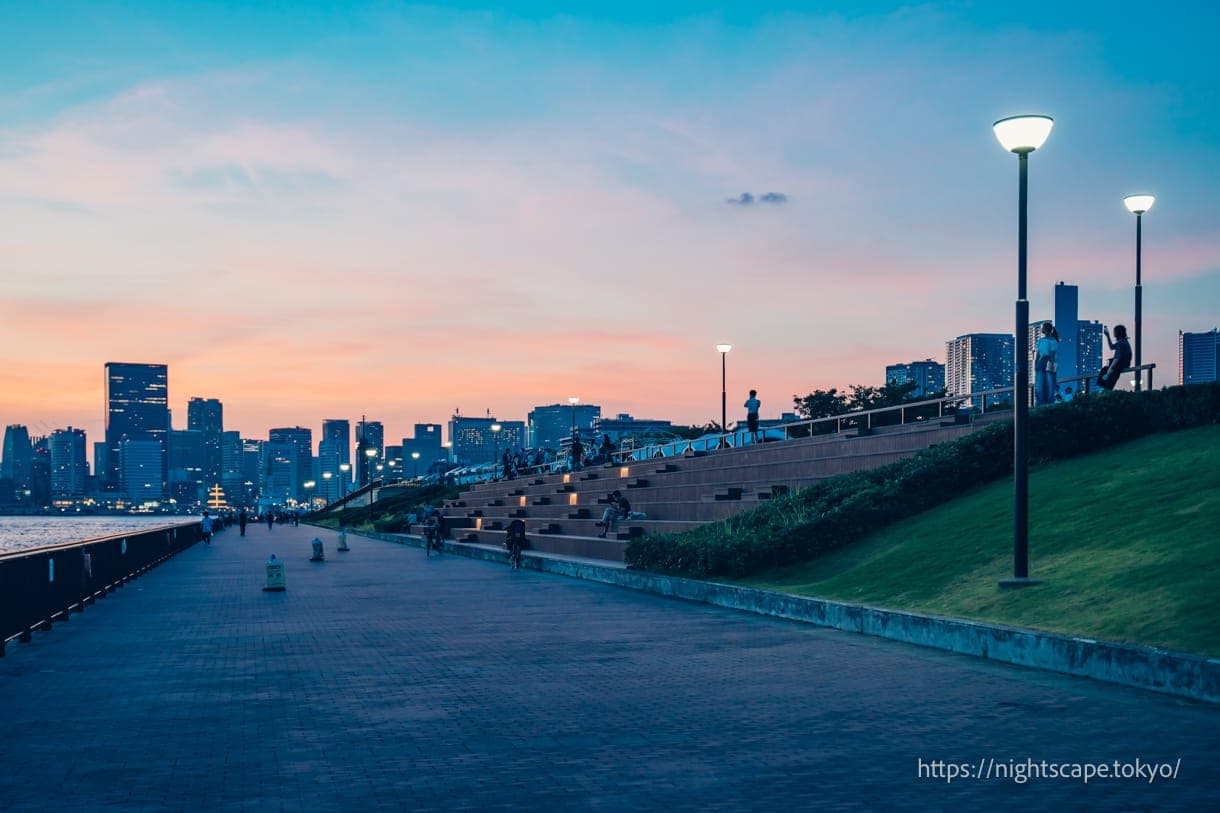 黄昏时分的丰洲环绕公园氛围