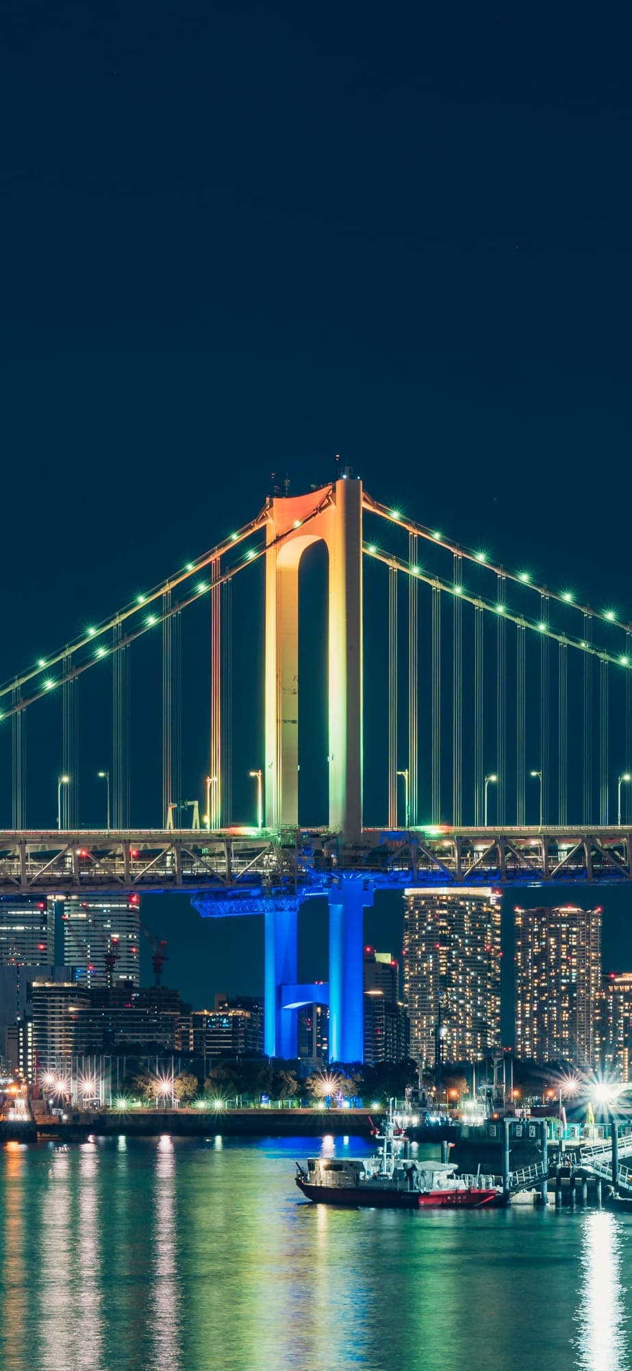 야간 조명의 레인보우 브리지