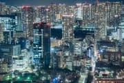 Illuminated Tsukiji Bridge and waterfront tower apartment buildings