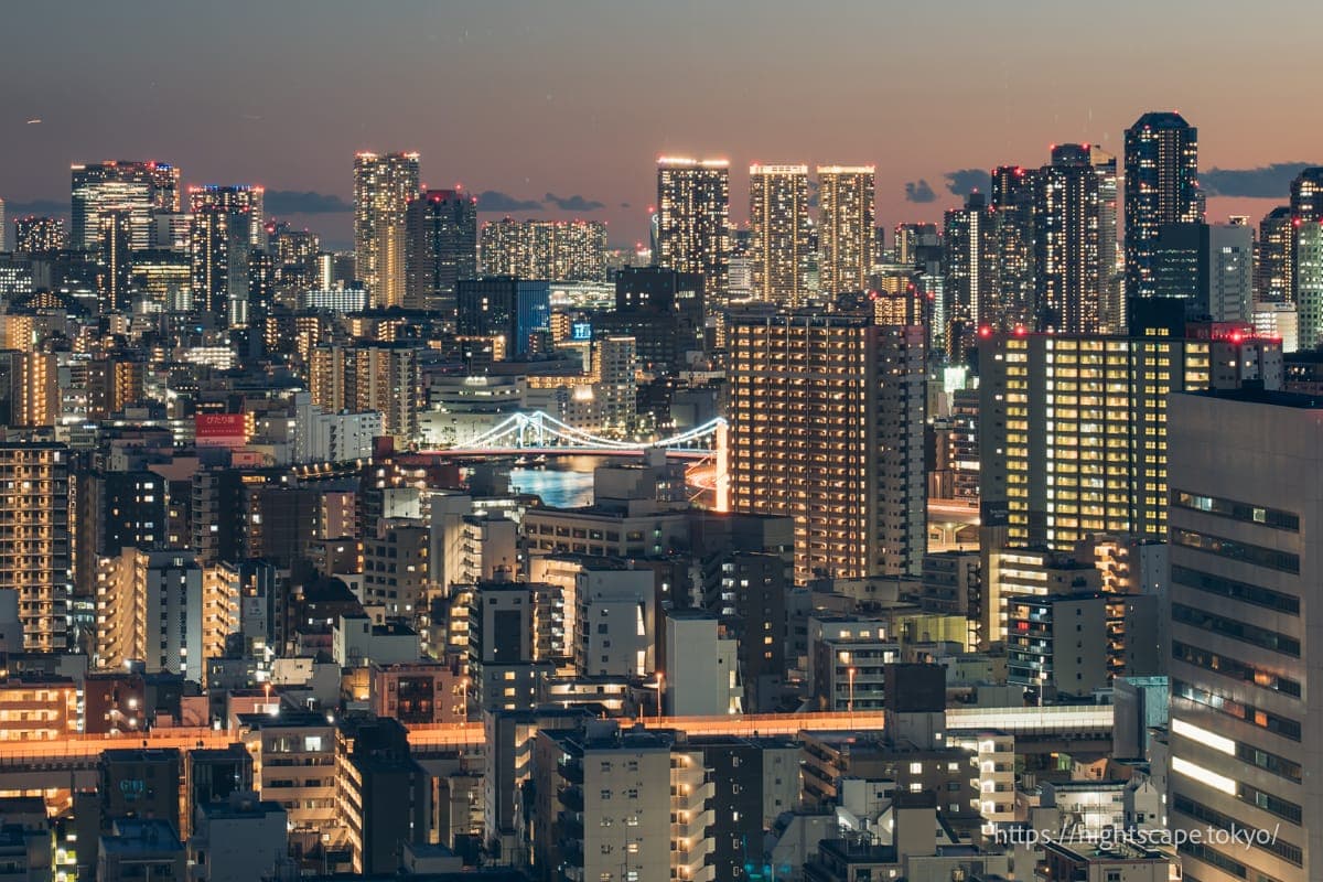 灯光照明的清洲桥和月岛高层建筑群