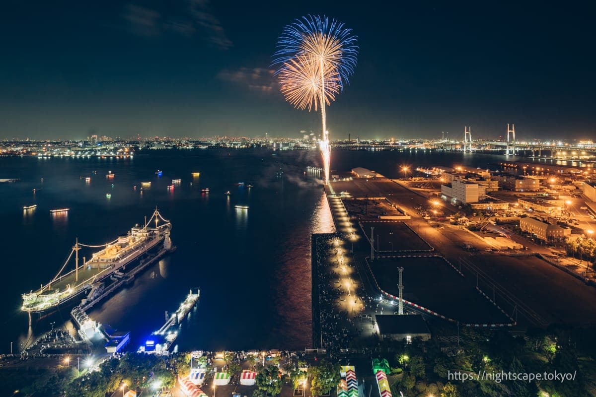 从山下码头升起烟花的景象
