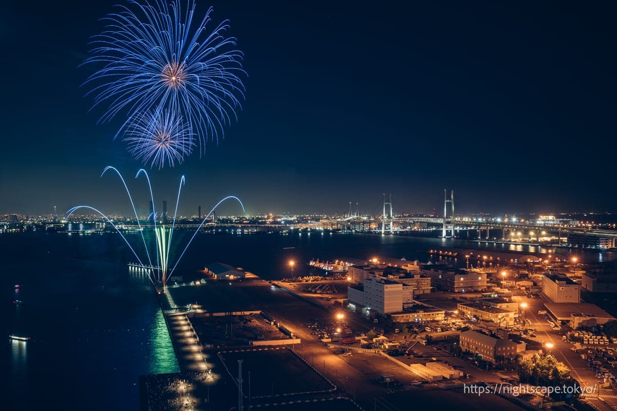 从山下码头升起烟花的景象