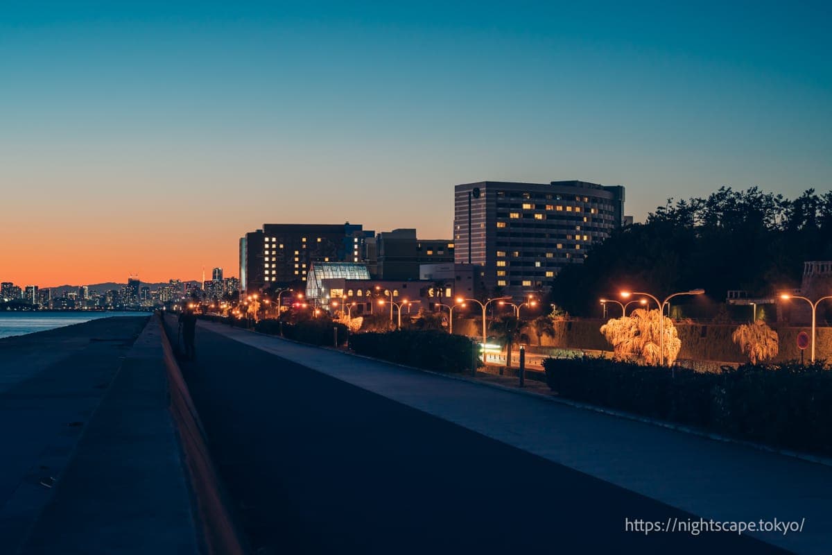 黄昏时分的舞滨海岸步道氛围