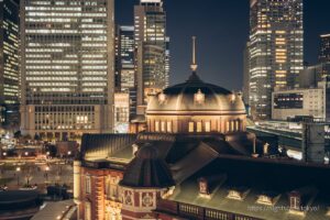 Illuminated Tokyo Station viewed from the KITTE rooftop garden