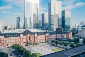 Tokyo Station at sunset from the observation floor of Shin-Marunouchi Building