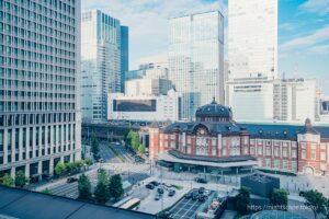 Tokyo Station at sunset from the observation floor of Shin-Marunouchi Building