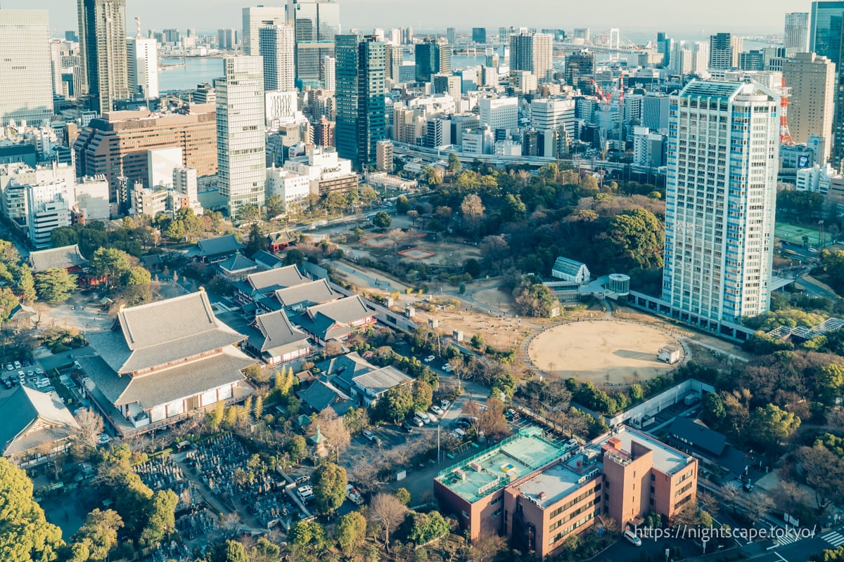 View from the Tokyo Tower Observation Deck of Shiba Park No. 1 and Zojoji Temple.