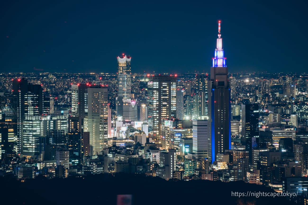 The illuminated Docomo Tower and the Shinjuku cityscape.