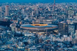 National Stadium and Shinjuku streetscape.