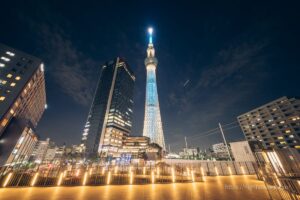 Night view of the Skytree bicycle parking rooftop plaza.