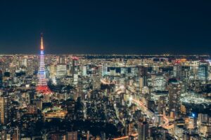 Illuminated Tokyo Tower and Tokyo Bay at night (southeast)