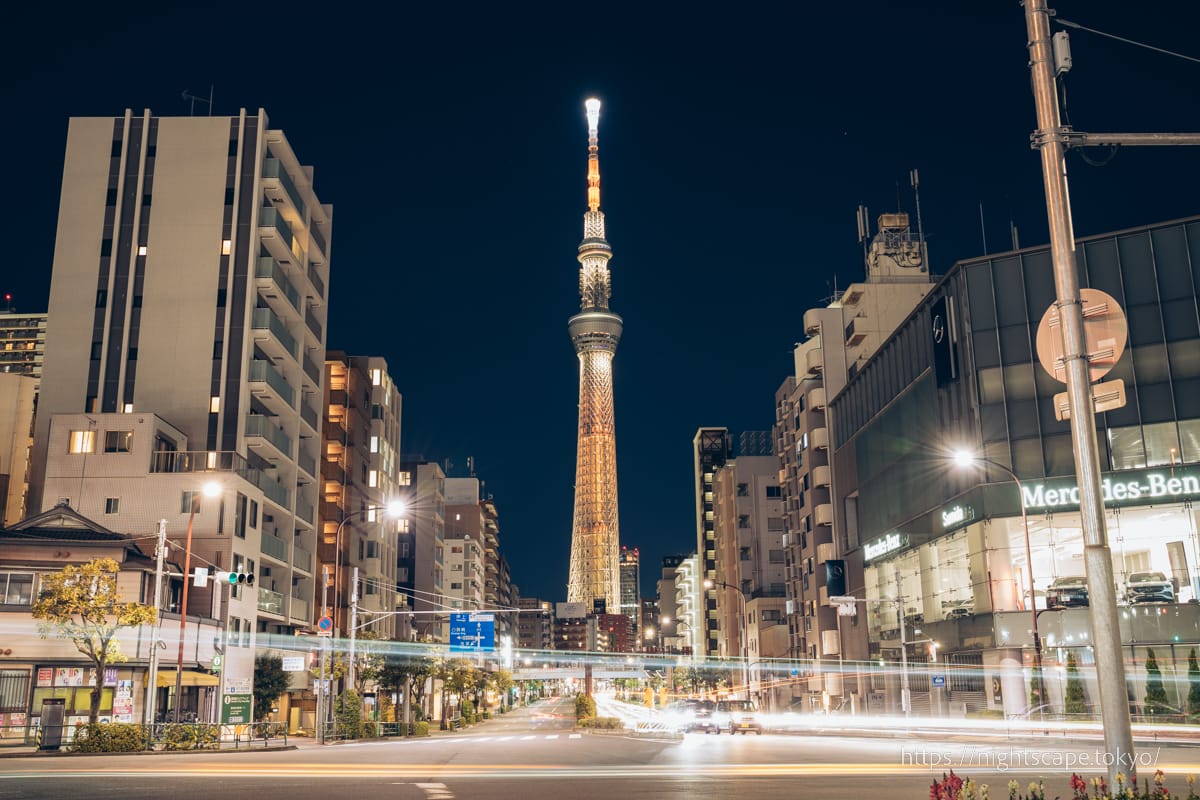 Tokyo Sky Tree viewed from Komagata Bridge Higashizume intersection