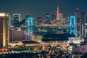 Rainbow Bridge lit up in blue