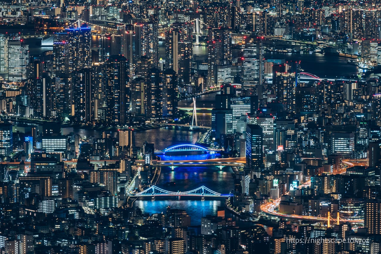 Eitaibashi Bridge and Kiyosu Bridge lit up.