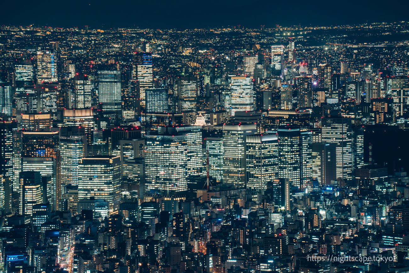 The Parliament building illuminated and the cityscape in the direction of Kasumigaseki.