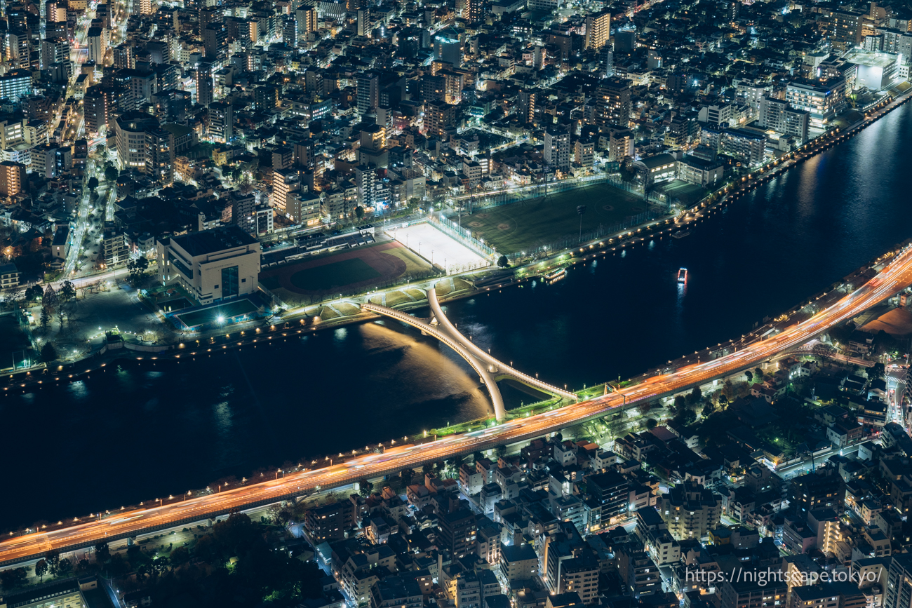 Cherry Blossom Bridge illuminated.