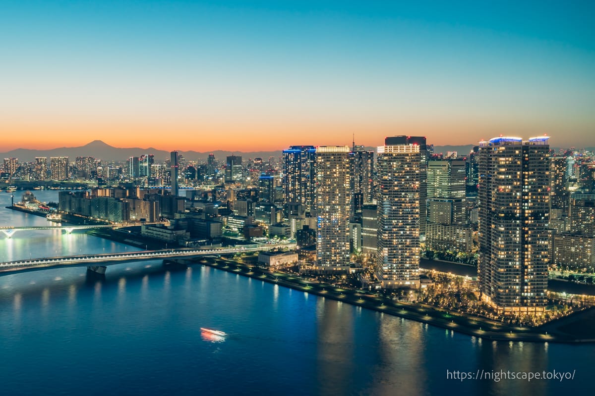 Fuji and a cluster of tower condominiums in the Harumi area