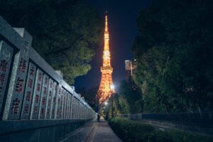 Stone fence at Zojoji Temple and Tokyo Tower