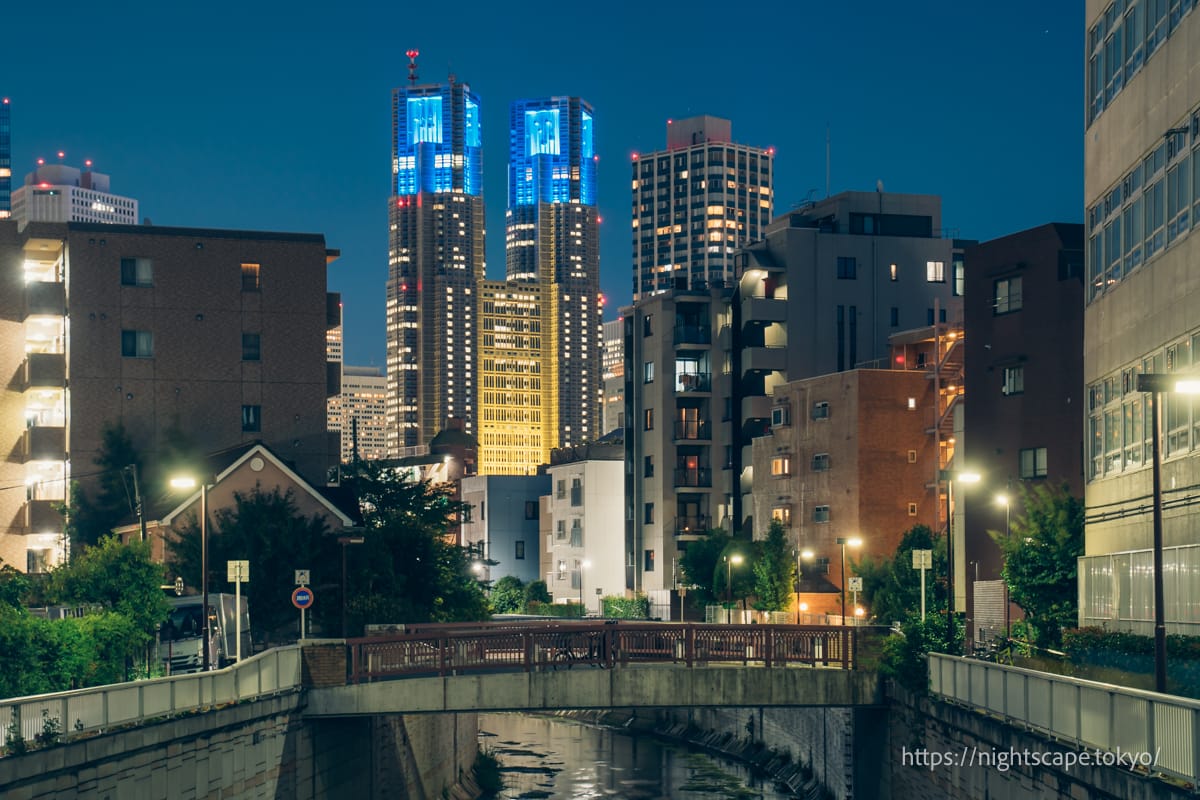 Illuminated Tokyo Metropolitan Government building viewed from Nakano Bridge.