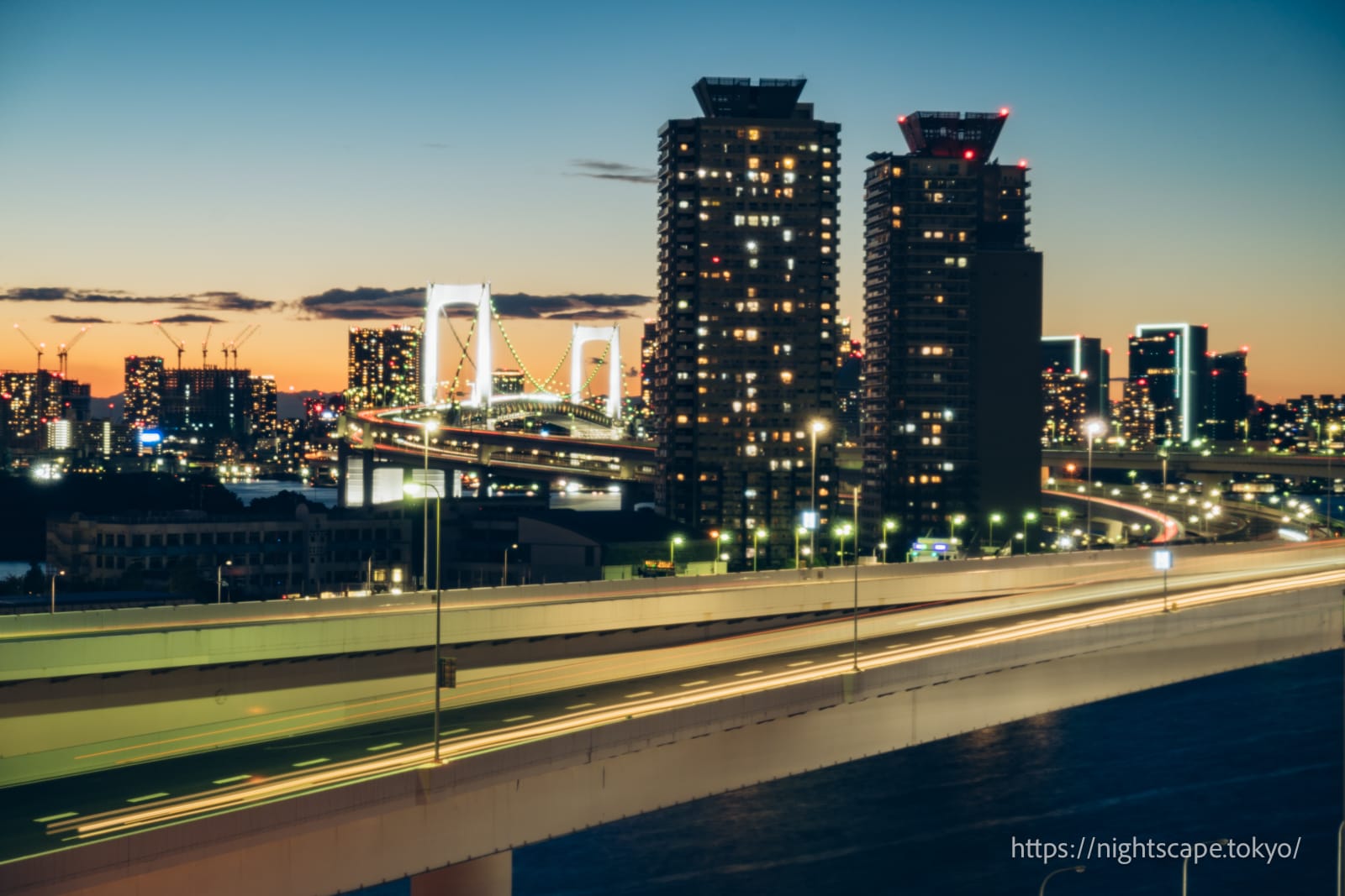 Illuminated Rainbow Bridge.