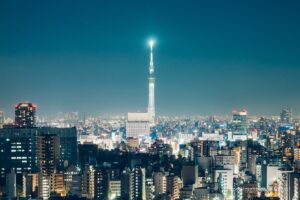 View of the Tokyo Sky Tree from the Bunkyo Civic Centre Observation Lounge.