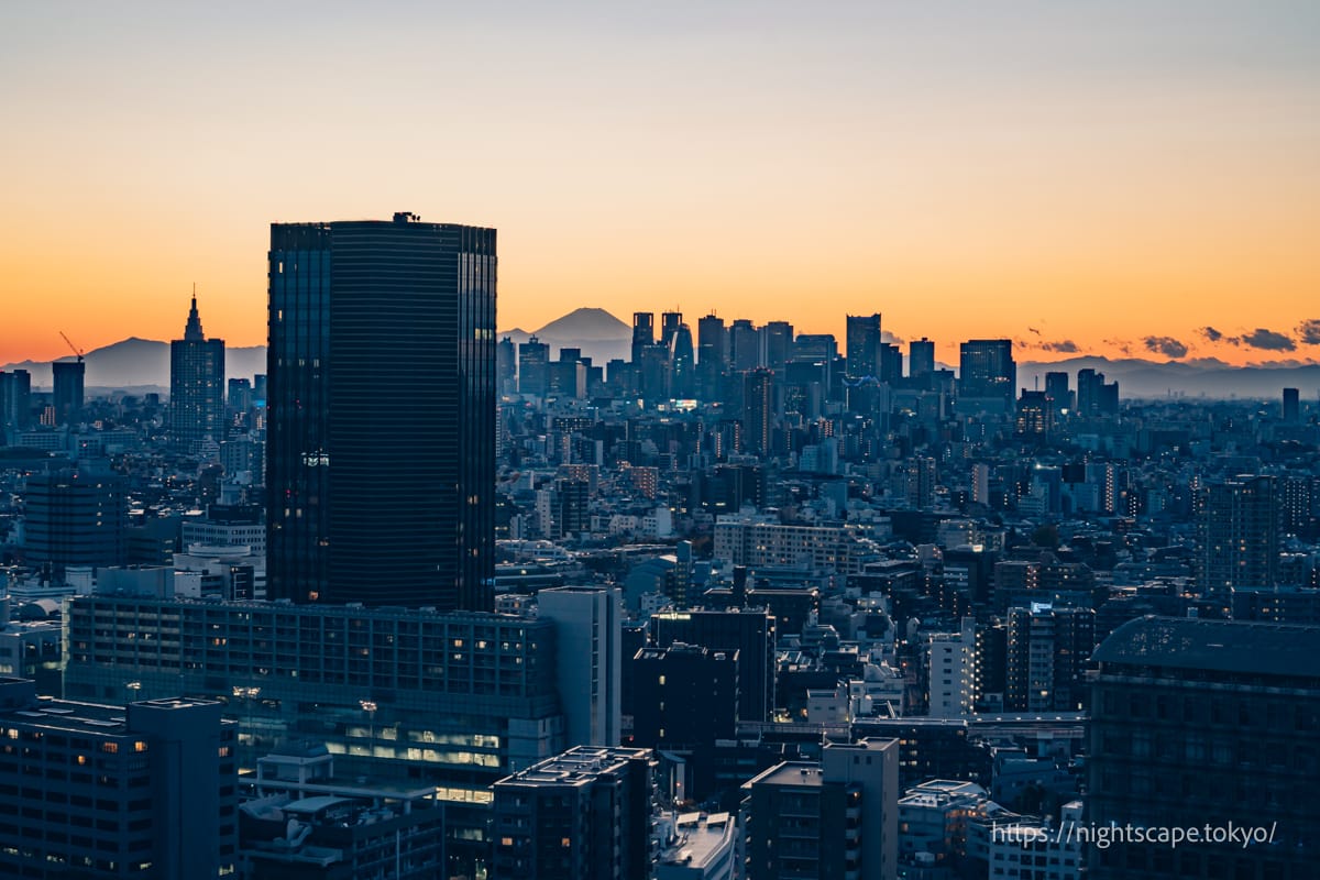 View of the streets in the direction of Shinjuku at dusk.