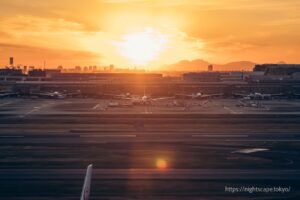 The setting sun beyond Haneda Airport.