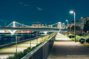 Rainbow Bridge illuminated.