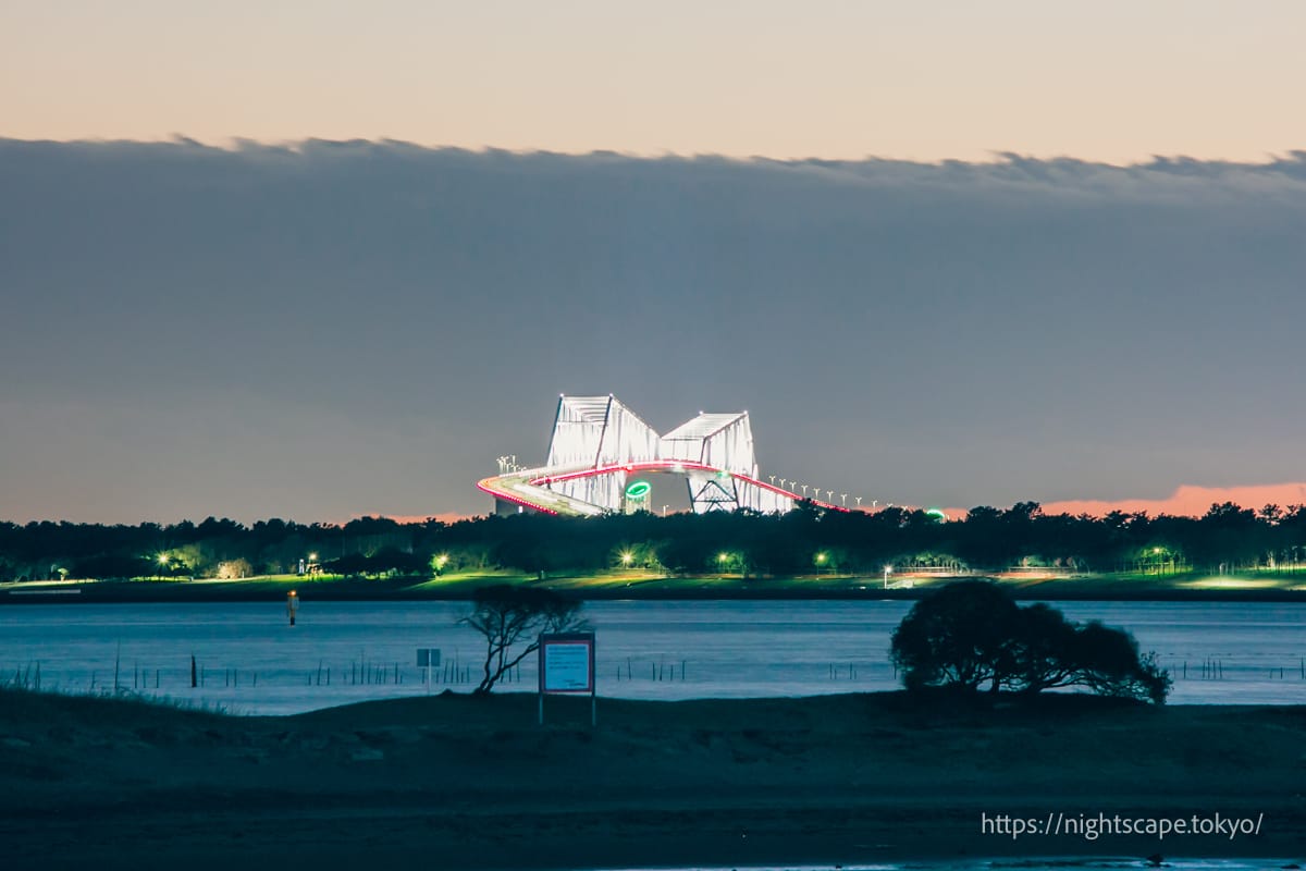 Tokyo Gate Bridge illuminated.