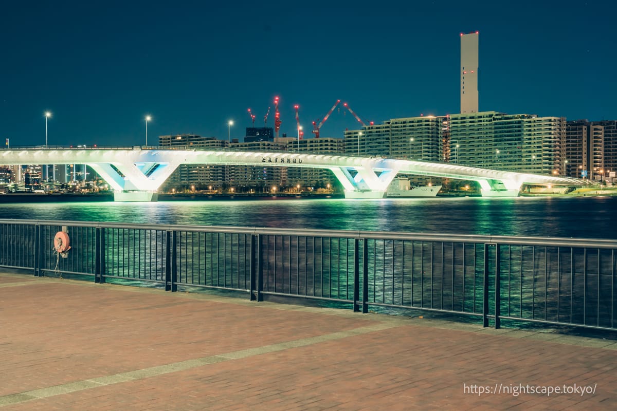 Toyosu Bridge illuminated in green.