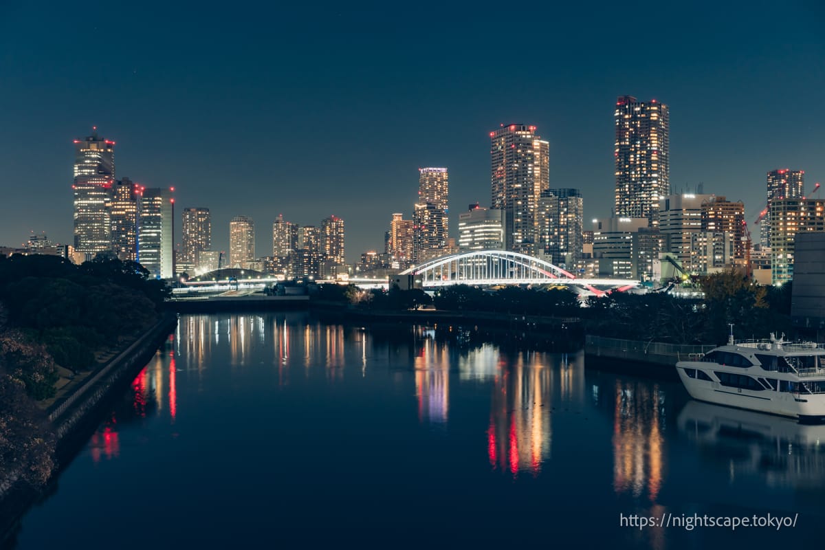 Illuminated Kachidokibashi Bridge and the lights of the tower blocks.