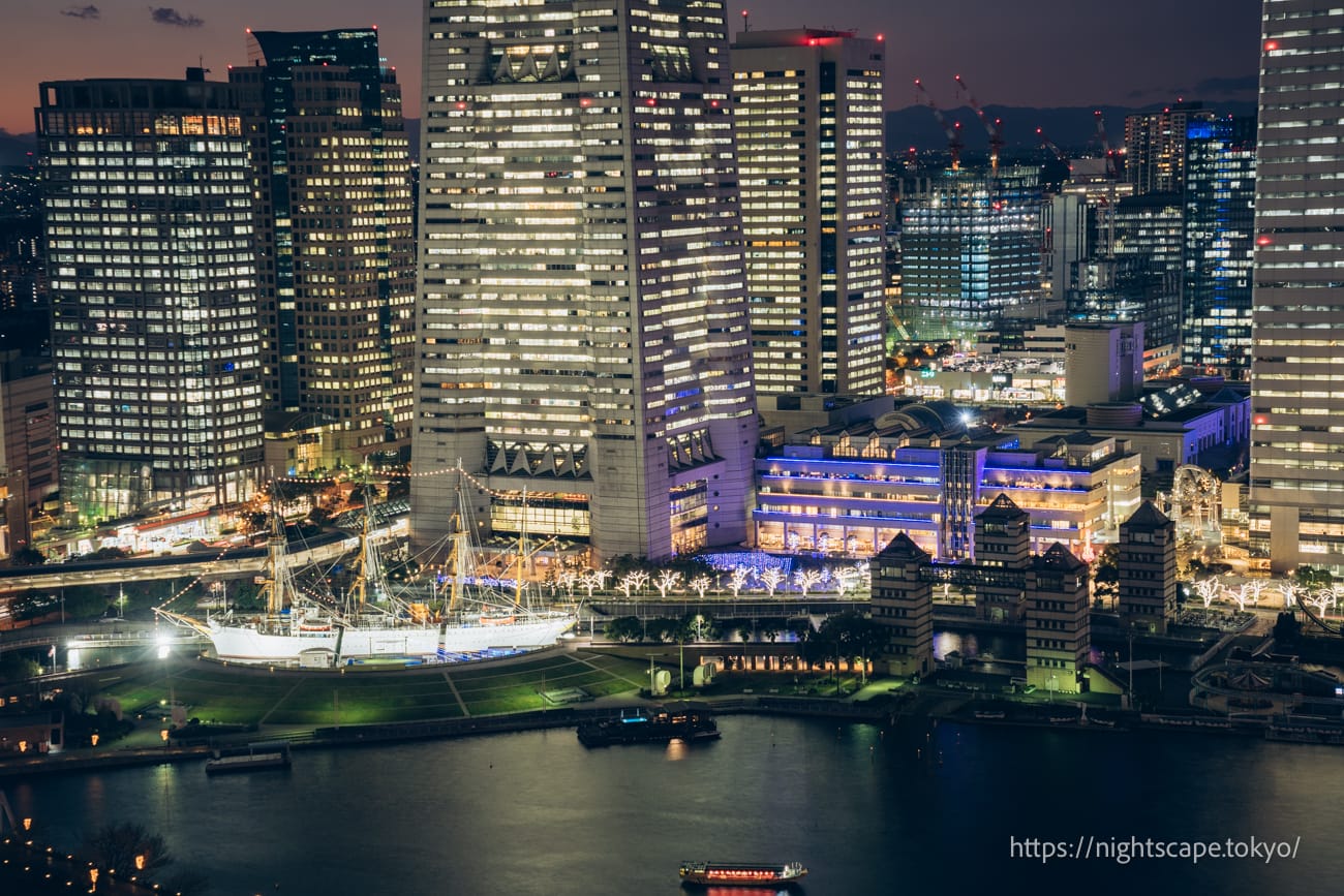Illuminated Nippon Maru Memorial Park and Dockyard Garden.