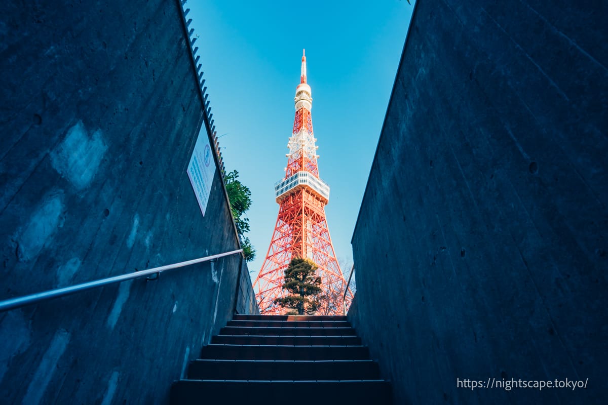 Tokyo Tower Looking up from the stairs of the underground car park.