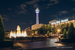 Fountain in Yamashita Park and Yokohama Marine Tower