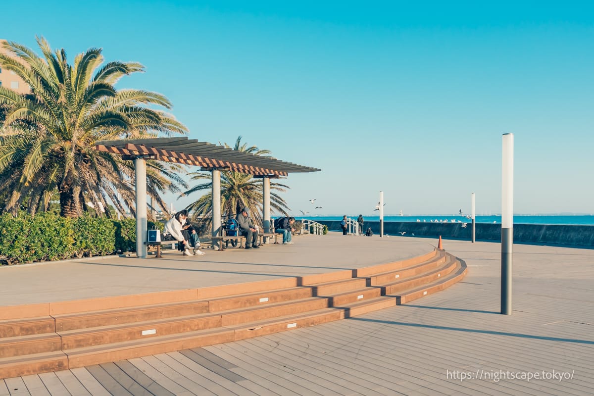 Wooden decks and benches on the Maihama coastal promenade