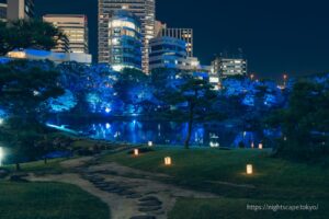 Kyu-Shibarikyu Gardens illuminated in blue