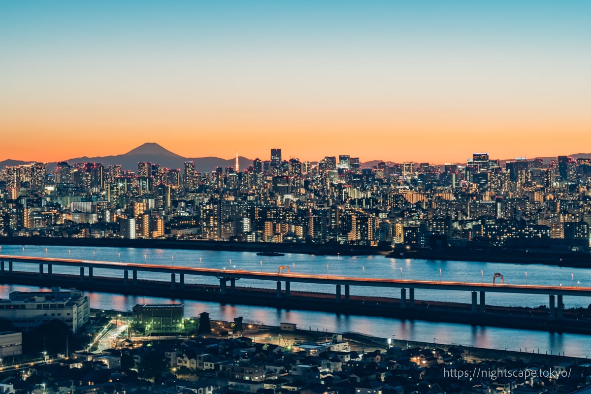 타워홀 후나보리에서 바라본 후지산과 도쿄 시내의 풍경