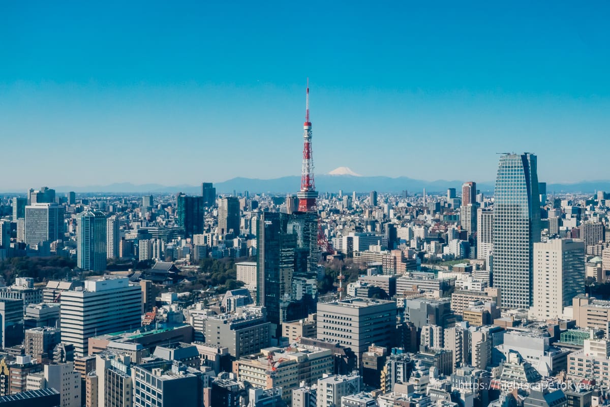 이른 아침의 도쿄타워와 후지산의 경치