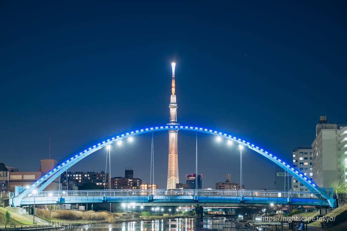 燈火通明的交流橋和東京晴空塔