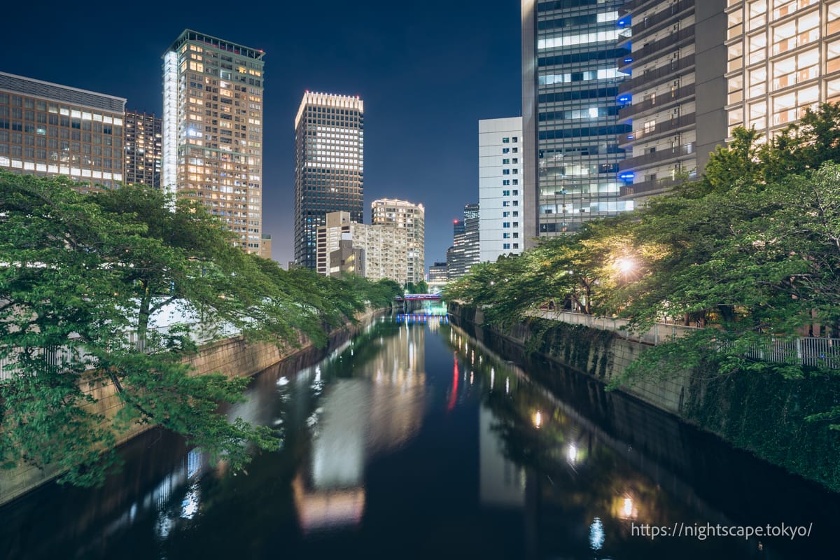 從 Yamamoto Bridge 觀看大樓夜景。