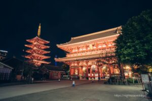 Hozomon Gate and five-story pagoda illuminated
