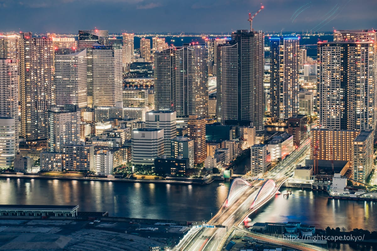 ライトアップされる築地大橋と晴海の高層マンション