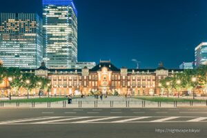 Illuminated Tokyo Station seen over the road