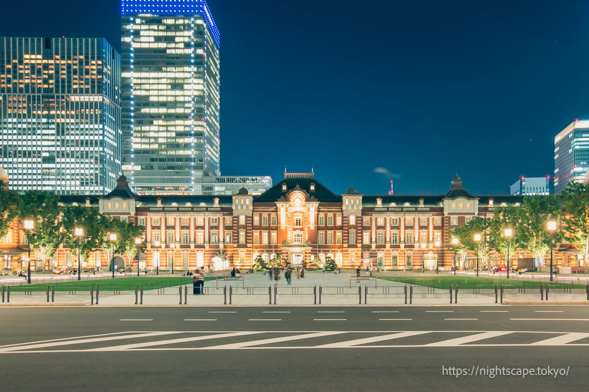 Illuminated Tokyo Station seen over the road