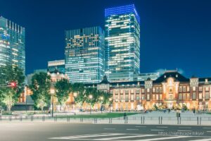 Tokyo Station and the dazzling lights of skyscrapers