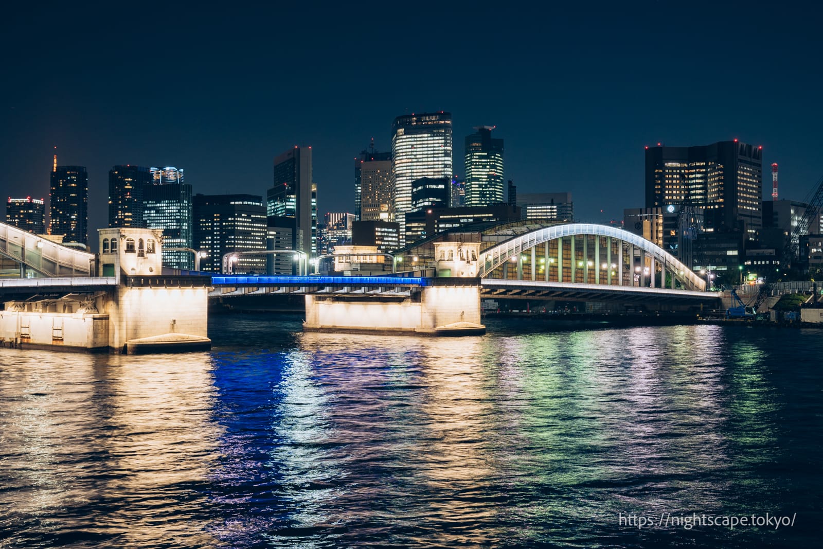 Kachidoki Bridge illuminated.