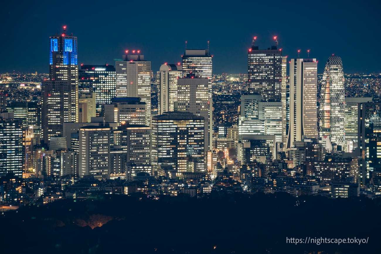 ライトアップされる東京都庁、コクーンタワーなど新宿の摩天楼