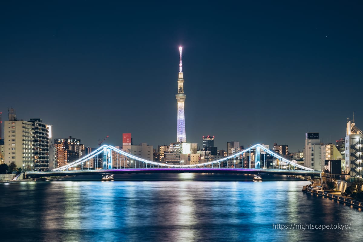 ライトアップされた東京スカイツリーと清洲橋