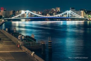 Illuminated Kiyosubashi Bridge viewed from the Sumida River Bridge